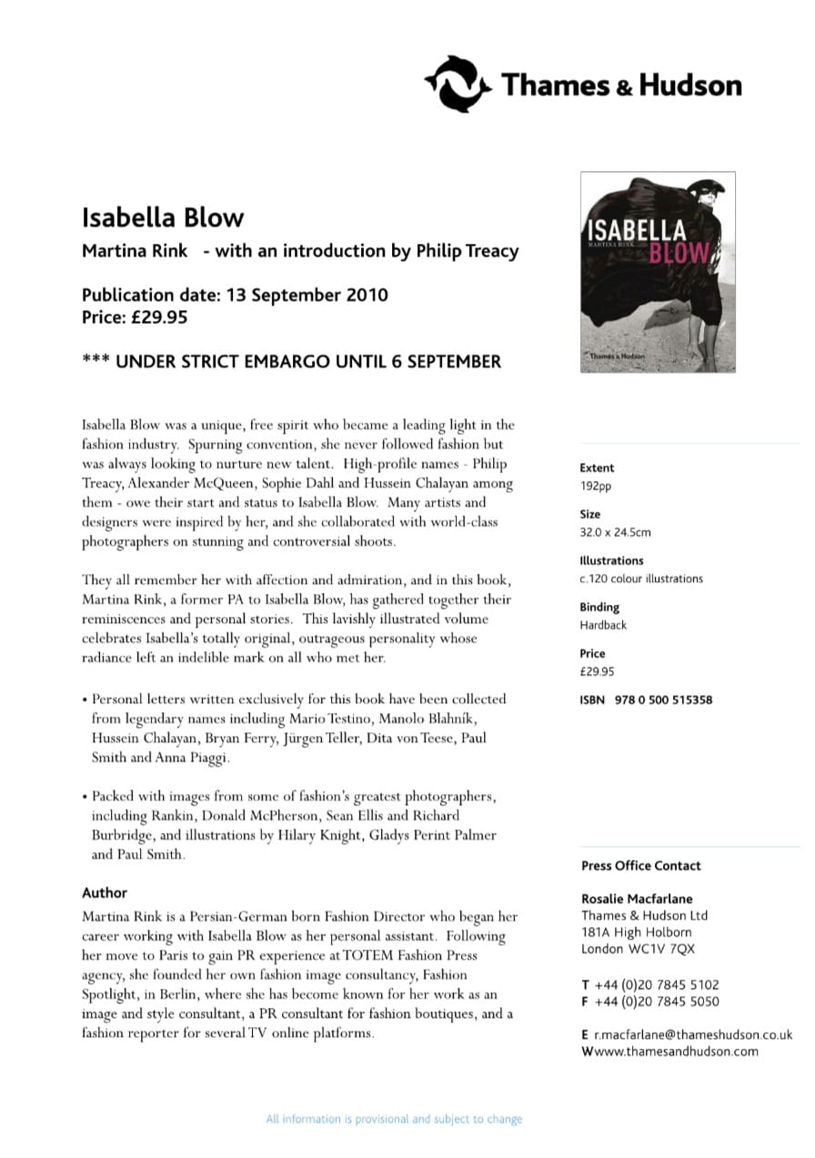 Isabella Blow — book by Martina Rink, Thames & Hudson