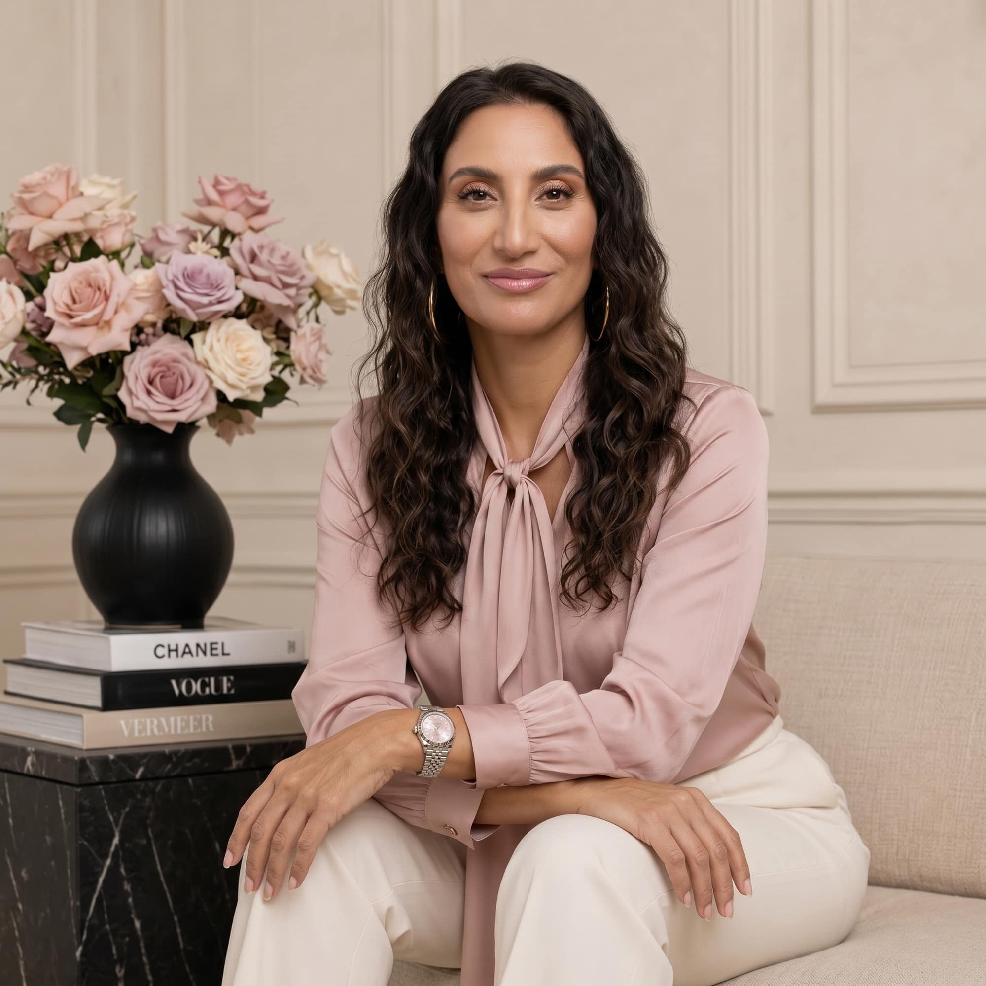 Martina Rink — pink blouse, roses, Chanel and Vogue books